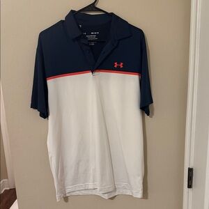 Under Armour Men's Polo in Navy Blue and White with an Orange accent line.
